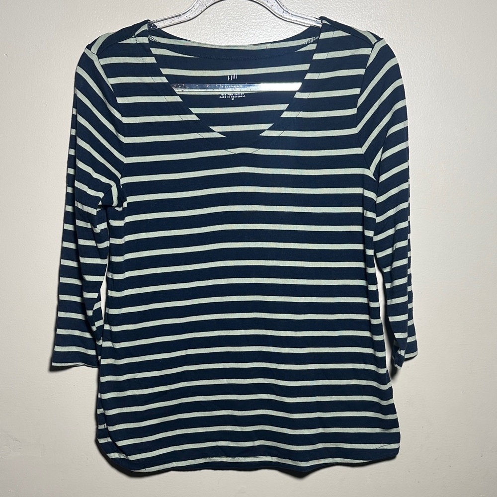 J Jill Petite Small Striped Pima Cotton V‎ Neck 3/4 Sleeve Tee